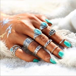 Set of 10 Silver Turquoise High Quality Rings